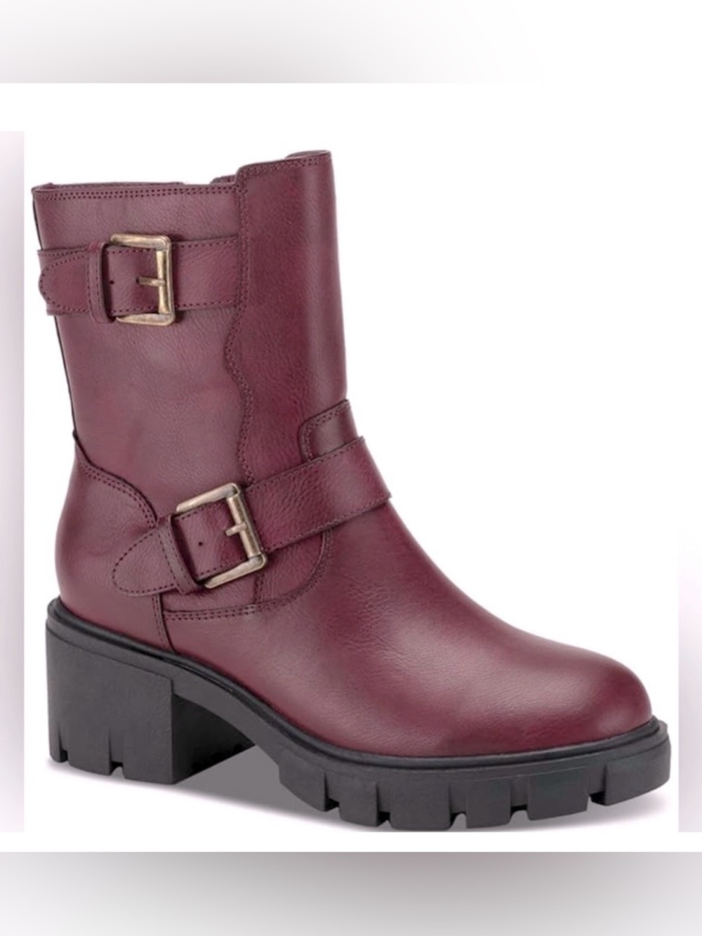 NIB [Sun + Stone] Lionell Faux Leather Buckle Motorcycle Heeled Boots Womens 5.5
